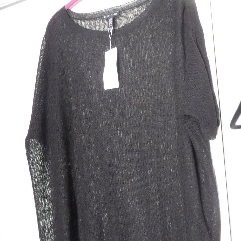 EILEEN FISHER organic BLACK linen crepe TOP sheer NWT over everything L/XL ample